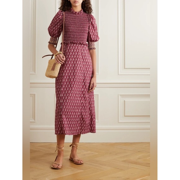 Sea New York Dresses & Skirts - Sea NY Beaux Ruffled Shirred Floral Cotton Midi Dress Burgundy Size 8